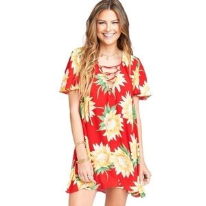 Show Me Your Mumu Kylie Carefree Red Yellow Sunflower Print Lace-Up Flowy Dress